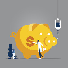 Businessman use stethoscope to check piggy bank health-Financial crisis concept, Businessman checking health of piggy bank