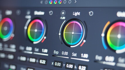 Color grading monitor. RGB colour correction indicator graph on screen in post production process. Telecine stage in video or film production processing. for colorist edit or adjust on digital movie.