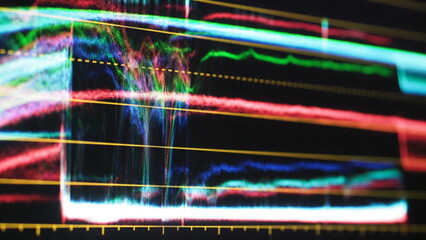 Color grading monitor. RGB colour correction indicator graph on screen in post production process. Telecine stage in video or film production processing. for colorist edit or adjust on digital movie.