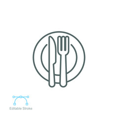 Plate and knife with a fork icon, dinner, meal, eat cutlery, outline style Restaurant dish dining table set. Tableware, silverware Editable stroke Vector illustration design on white background EPS 10
