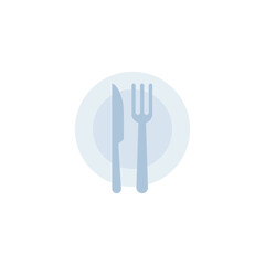 Plate and knife with a fork icon, dinner, meal, eat cutlery, flat style. Restaurant dish in dining table set. Tableware, silverware serving logo Vector illustration design on white background. EPS 10