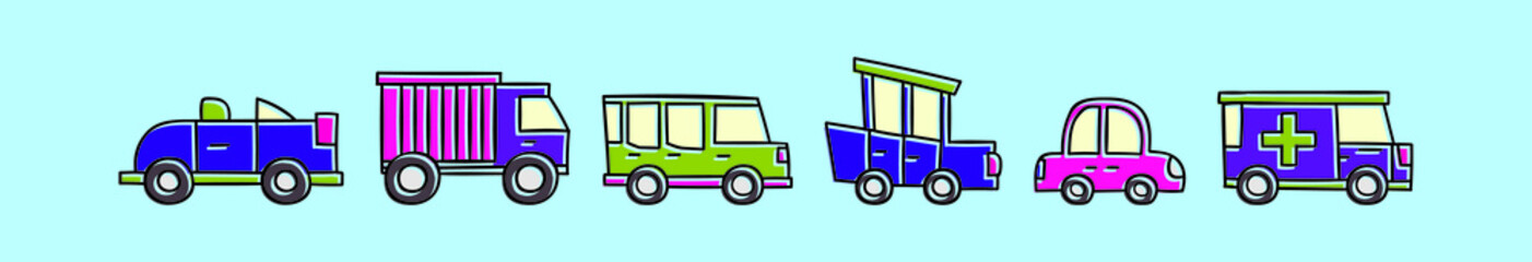 set of vehicles cartoon icon design template with various models. vector illustration isolated on blue background