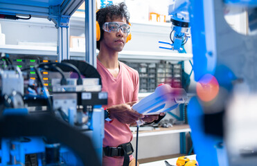 Asian Engineers Maintenance Robot Arm at Lab. they are in a High Tech Research Laboratory with Modern Equipment. Professional Japanese Development Engineer Testing an Artificial Intelligent.