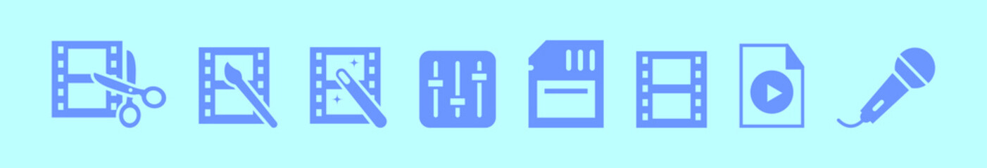 set of video editing cartoon icon design template with various models. vector illustration isolated on blue background