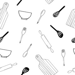 kitchen utensils seamless pattern. wallpaper, textiles. hand drawn doodle style. vector, minimalism, monochrome, sketch. fork, spoon, whisk, spatula, rolling pin, cutting board. food, cooking.