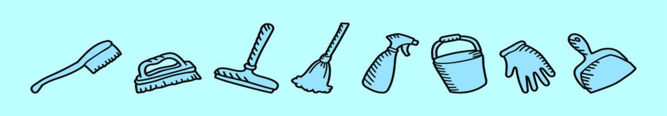 set of spring cleaning cartoon icon design template with various models. vector illustration isolated on blue background