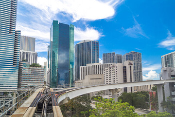 Miami Downtown Skyscrapers and High Building view from Monorail Car