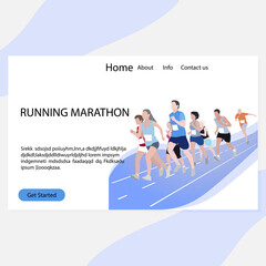 Running marathon landing page. Marathon competition, run exercise