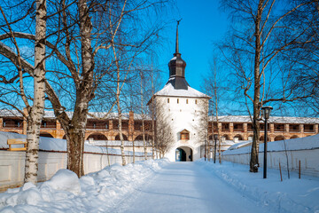 View of the Kazanskaya Tower of the Kirillo-Belozersky Monastery on a frosty sunny winter day, Kirillov, Vologda region, Russia