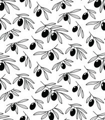 Seamless hand drawn pattern with olive branches isolated on white background. Outline olive tree branches for menu, greeting cards, wallpapers, covers.