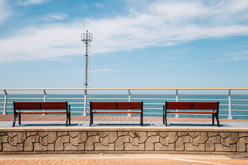 Fototapeta premium Empty bench and sea at Saemangeum Seawall in Gunsan, Korea
