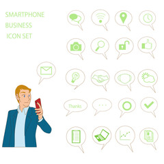 スマートフォンをチェックする白人男性とビジネスアイコンセット