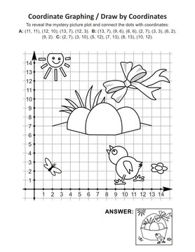 This is Easter holiday themed coordinate graphing, or draw by coordinates, and coloring page math worksheet with basket, eggs, bow, chick and cheerful sun mystery picture. Answer included.
