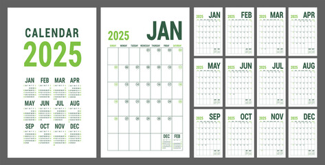 Calendar planner 2025. English calender green template. Vector grid. Office business planning. Creative trendy design