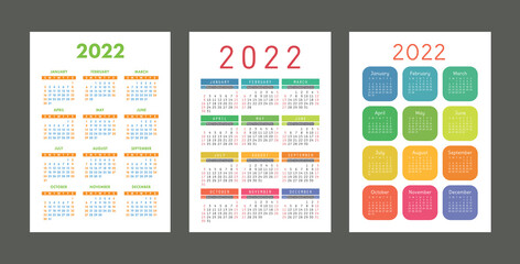 Pocket calendar 2022 year. Portrait orientation. English colorful vector set. Vertical template. Design collection. Week starts on Sunday