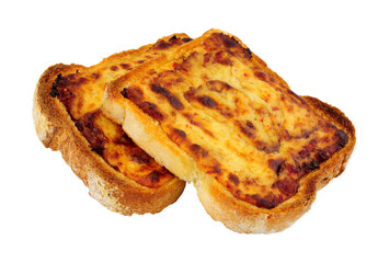 Grilled cheddar cheese on toast isolated on a white background