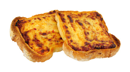 Grilled cheddar cheese on toast isolated on a white background