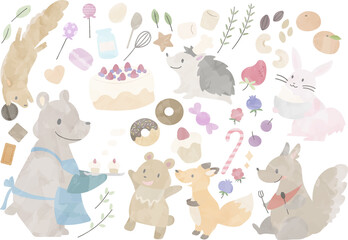 水彩風の動物とスイーツのイラストセット