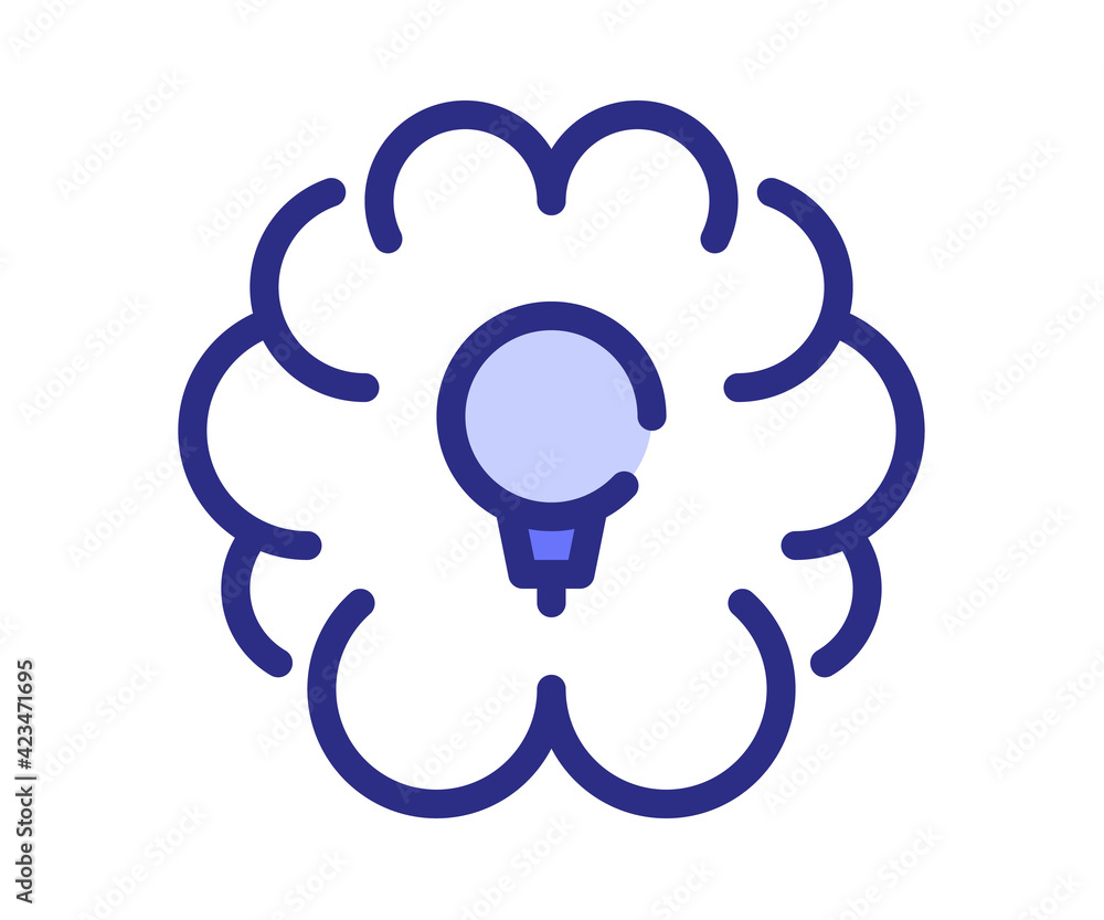 Poster brain idea bulb single isolated icon with dashed line style and purple color