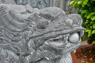 Dragon with Dragon Ball Railing Sculpture Profile Close-up, Con Dao Temple, Vietnam