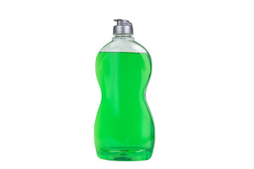Transparent bottle with green dishwashing liquid on a white background.