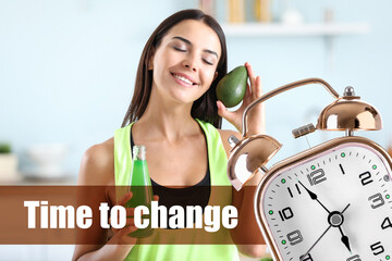 Young woman with healthy vegetable juice and alarm clock. Time to change