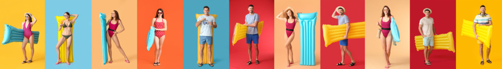 Collage of happy people with inflatable mattresses on color background