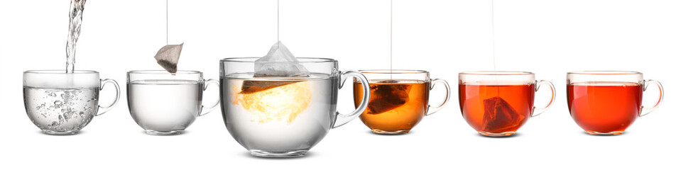 Process of making tea in glass cup on white background