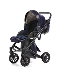Modern baby stroller on white background