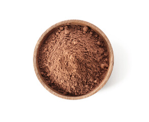 Plate of cacao powder on white background