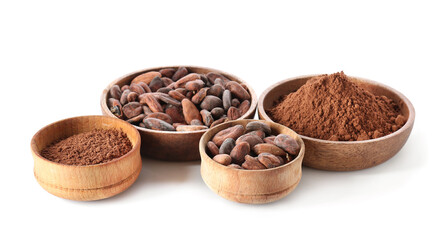 Bowls with cacao powder and beans on white background