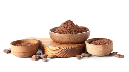 Bowls with cacao powder and beans on white background