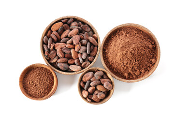 Bowls with cacao powder and beans on white background