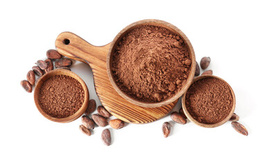 Bowls with cacao powder and beans on white background