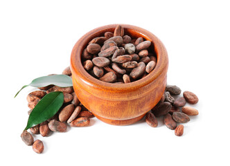Bowl of cacao beans on white background