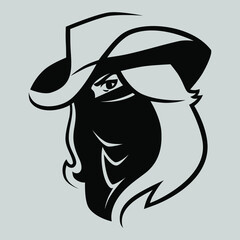 Cowgirl outlaw wearing bandana portrait symbol on gray backdrop. Design element