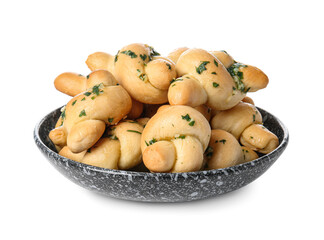 Plate with tasty garlic buns on white background