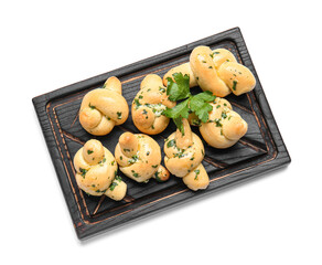 Board with tasty garlic buns on white background