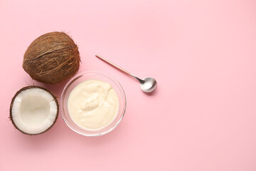 Tasty coconut yogurt on color background