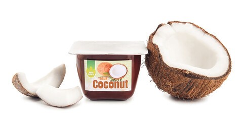 Tasty coconut yogurt on white background