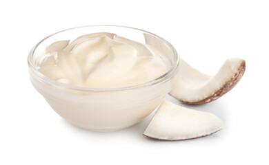 Bowl of tasty coconut yogurt in white background