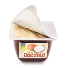 Plastic cup of coconut yogurt on white background