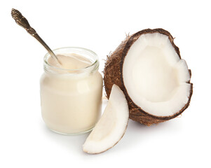 Jar of tasty coconut yogurt on white background