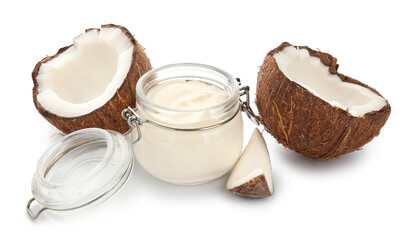 Jar of tasty coconut yogurt on white background