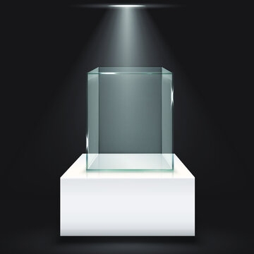 Creative Vector Illustration Of Realistic Empty Transparent Glass Box With Spotlight Isolated On Background. Art Design Glass Case Is On Museum Pedestal, Stage, 3d Podium.