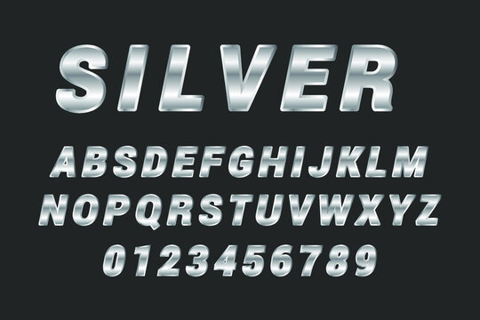 Silver emblem style font, metallic alphabet letters and numbers vector illustration