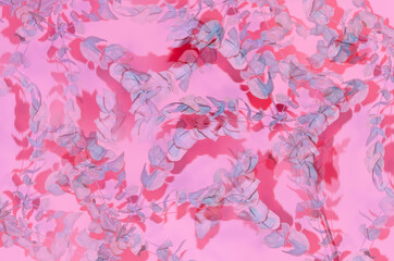 Fototapeta na wymiar Abstract art pink and blue pattern with intertwine eucalyptus branches in mess random in acid color with shadow, reflection. Grunge futuristic modern style.
