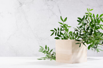 Elegant beige wooden cube podium with green lush foliage in sunlight on white board and grey marble wall for product display. Simple modern summer design.
