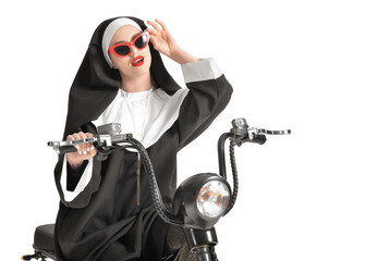 Fototapeta na wymiar Sexy nun riding scooter against white background