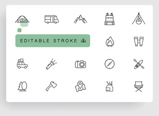 Camping in national parks in nature. Equipment for hiking or expedition to the mountains or forest with overnight stay. Extreme rest. Vector icons with editable lines.